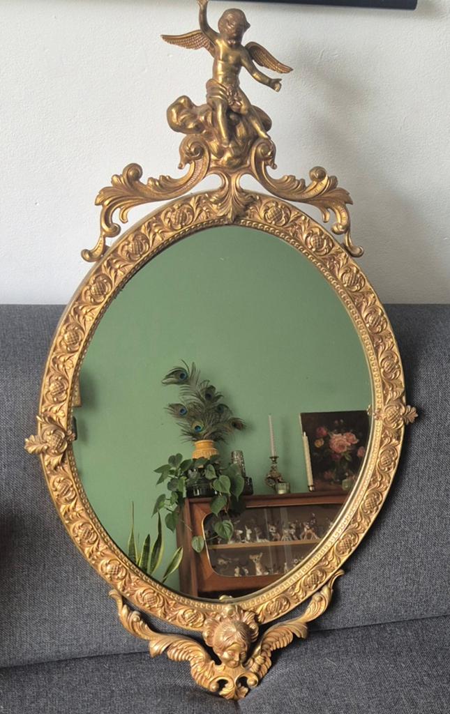 Antieke brocante spiegel messing, Antiek en Kunst, Ophalen, Ovaal, Minder dan 50 cm