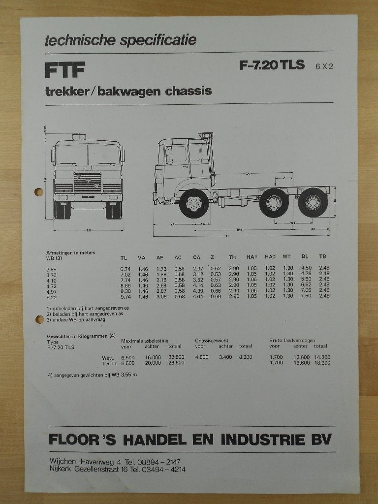 FTF F-7.20 TLS 6x2 ca 1978 Technische Specificatie Brochure, FTF, Ophalen of Verzenden, Zo goed als nieuw, Overige merken