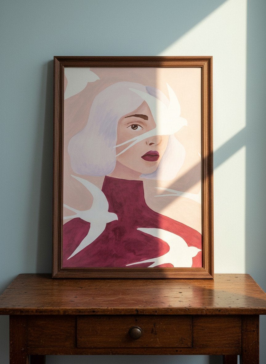 XXL Canvasprint (50x70 cm) – Vrouw & Vogels – Moderne roze w, Verzamelen, Ophalen of Verzenden
