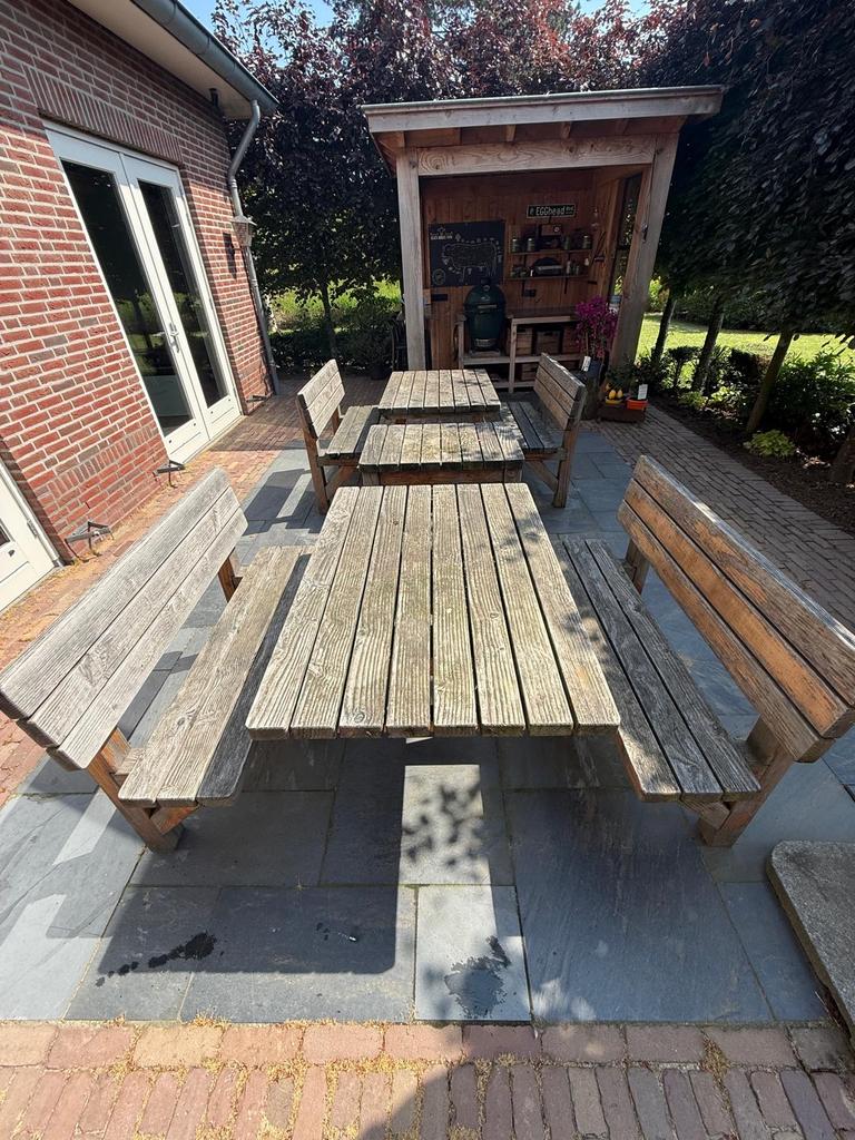 Complete Douglas Hout Picknickset: 2 Tafels + Bijzettafel, Ophalen, Gebruikt, Rechthoekig, Hout