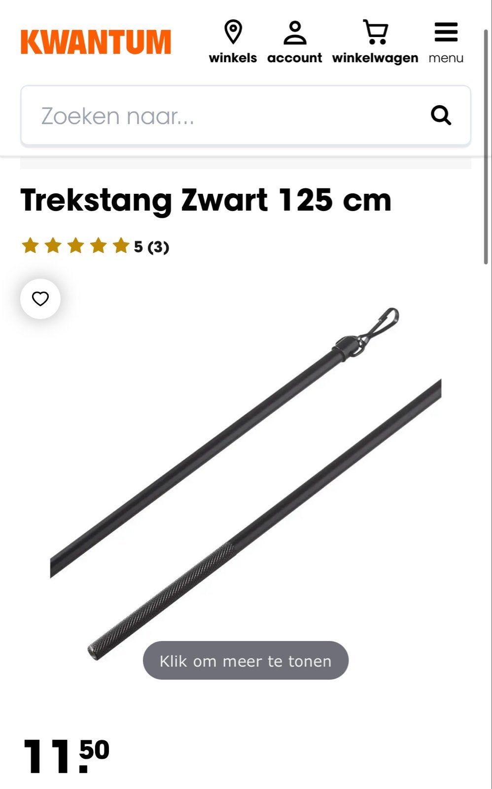 Zwarte Trekstang voor Gordijnen - 125 cm, Ophalen, Met haken, Kwantum, Zwart