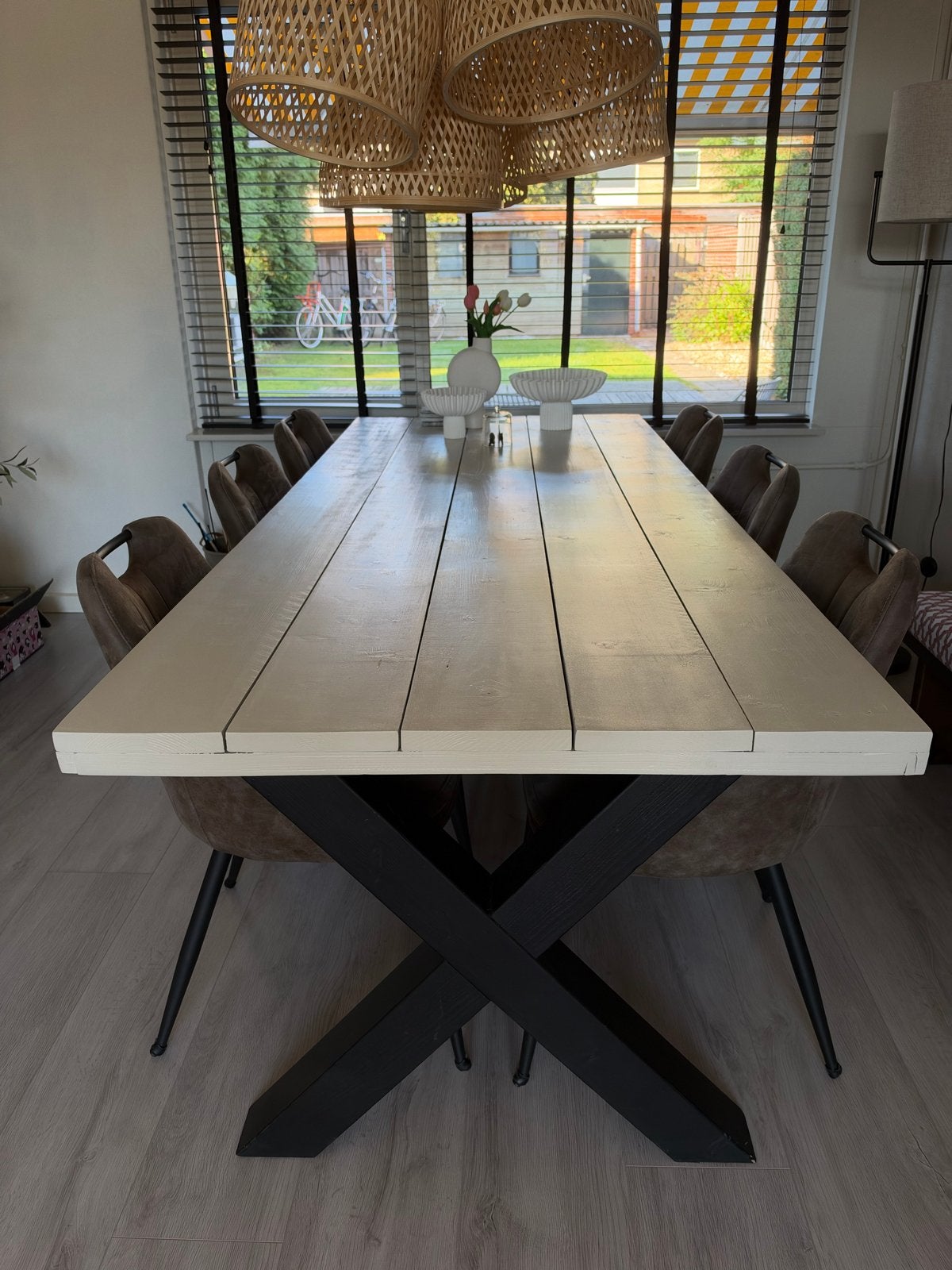Prachtige eettafel met X-poten, Ophalen, Gebruikt, 200 cm of meer, 50 tot 100 cm