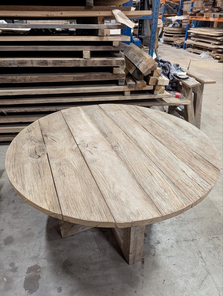 SALE!! Robuuste Eiken Tuintafel - Nieuw en Oud Eiken, Tuin en Terras, Ophalen of Verzenden, Nieuw, Rond, Hout