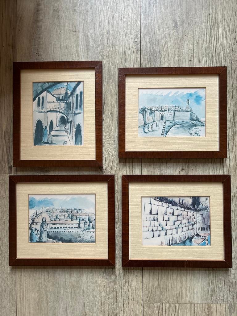 Set van 4 ingelijste aquarellen van Jerusalem, Ophalen of Verzenden