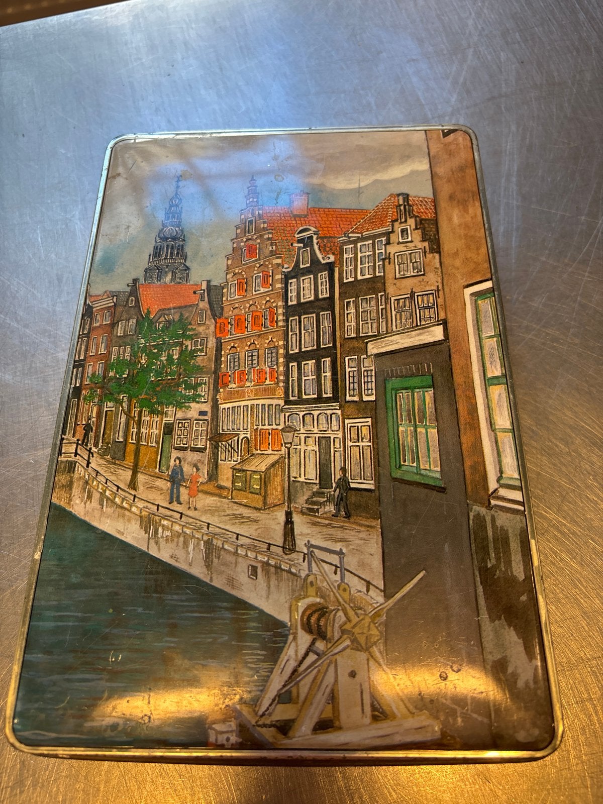 Vintage Patria blikken doos met Amsterdamse gracht, Antiek en Kunst, Ophalen of Verzenden