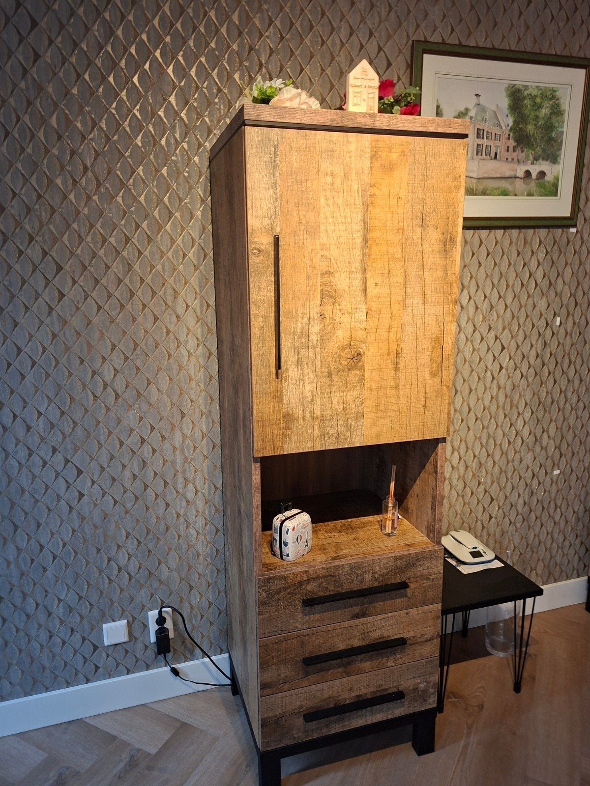 Robuuste Houten TV-meubel en Hoge Kast Set, Overige houtsoorten, 100 tot 150 cm, 200 cm of meer, Industrieel, Modern