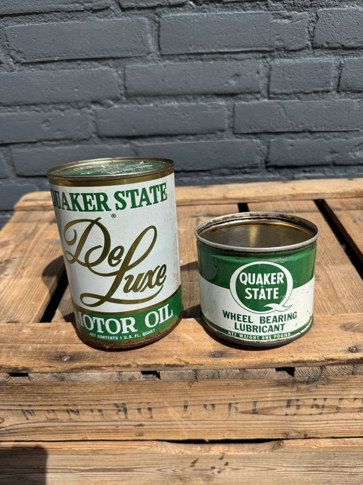 Vintage Quaker State Olieblikken, Verzamelen, Ophalen, Gebruikt, Overige, Overige merken