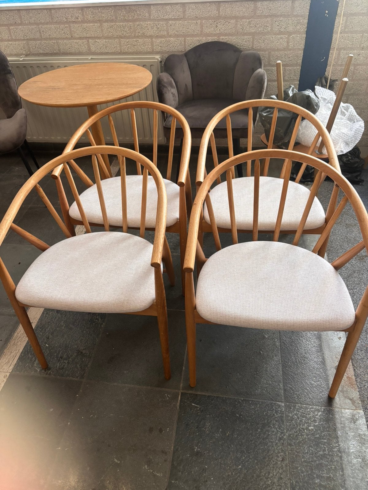 Eetkamerstoelen stoelen japandi hout stof, Ophalen of Verzenden, Zo goed als nieuw, Overige kleuren, Stof