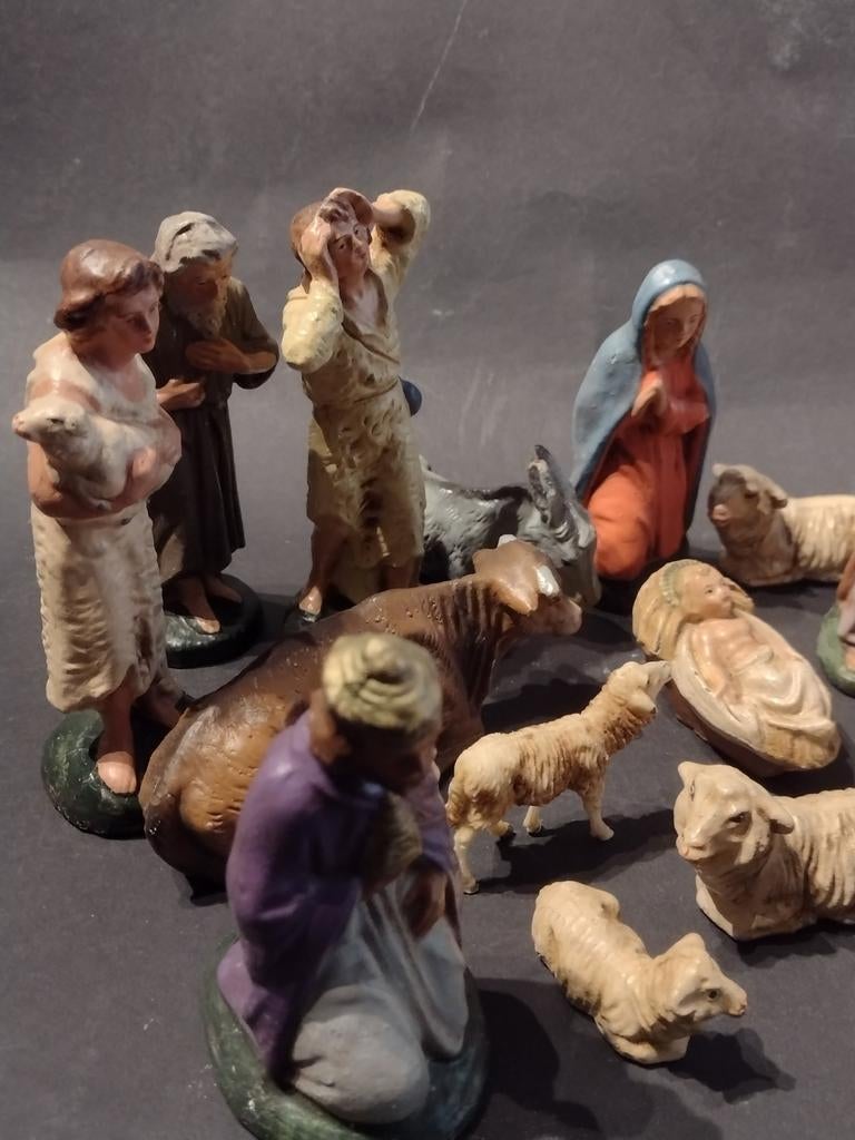 antieke Marolin kerstgroep papiermache 19 delig kerststal, Diversen, Ophalen, Gebruikt