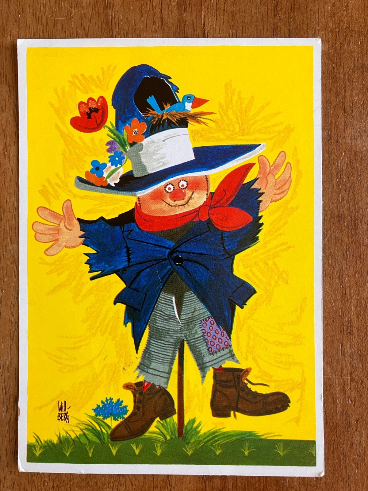 Vrolijke Vogelverschrikker met vogelnest in hoed. Will Berg, Ophalen of Verzenden, 1960 tot 1980, Gelopen, Overige thema's