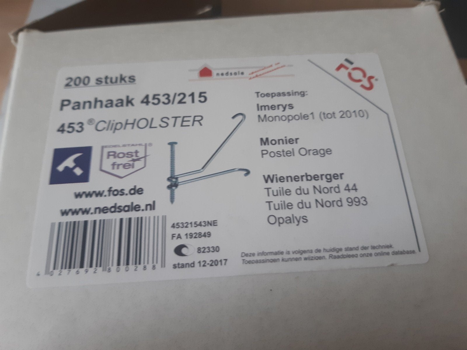 Panhaken dakpanhaken 453/215 clipholster RVS FOS Nieuw, Doe-het-zelf en Verbouw, Steen of Klei, Nieuw, Ophalen of Verzenden, 15 m² of meer