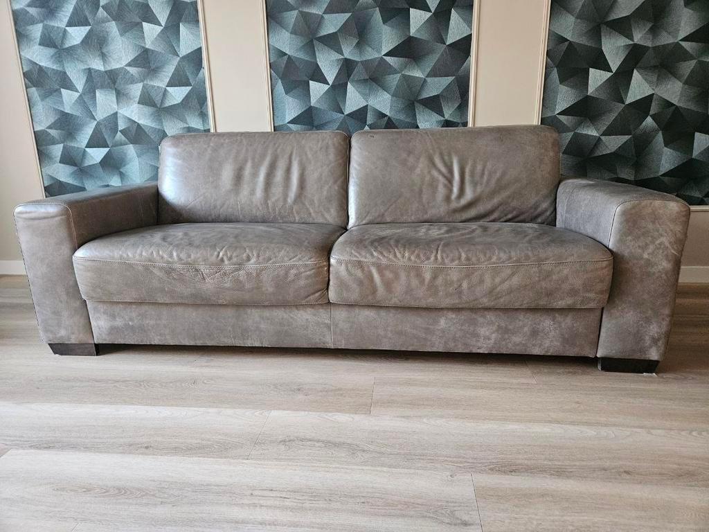 3 zits bank leer grijs, Ophalen, Gebruikt, Driepersoons, Rechte bank
