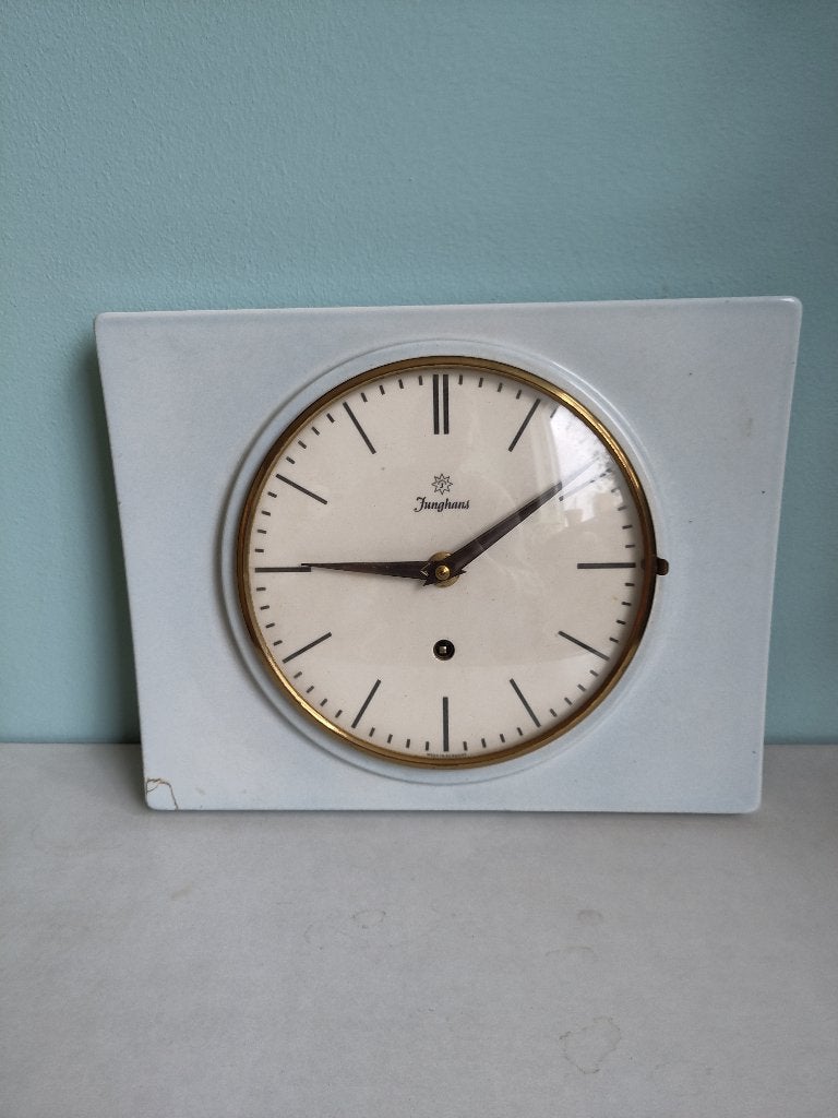 Vintage West Germany Keramieken Wandklok Pastel Blauw, Ophalen of Verzenden