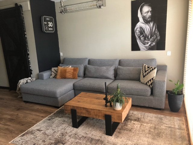 Massief eiken balken salontafel met ijzeren onderstel, Ophalen, 100 tot 150 cm, 50 tot 100 cm, Zo goed als nieuw