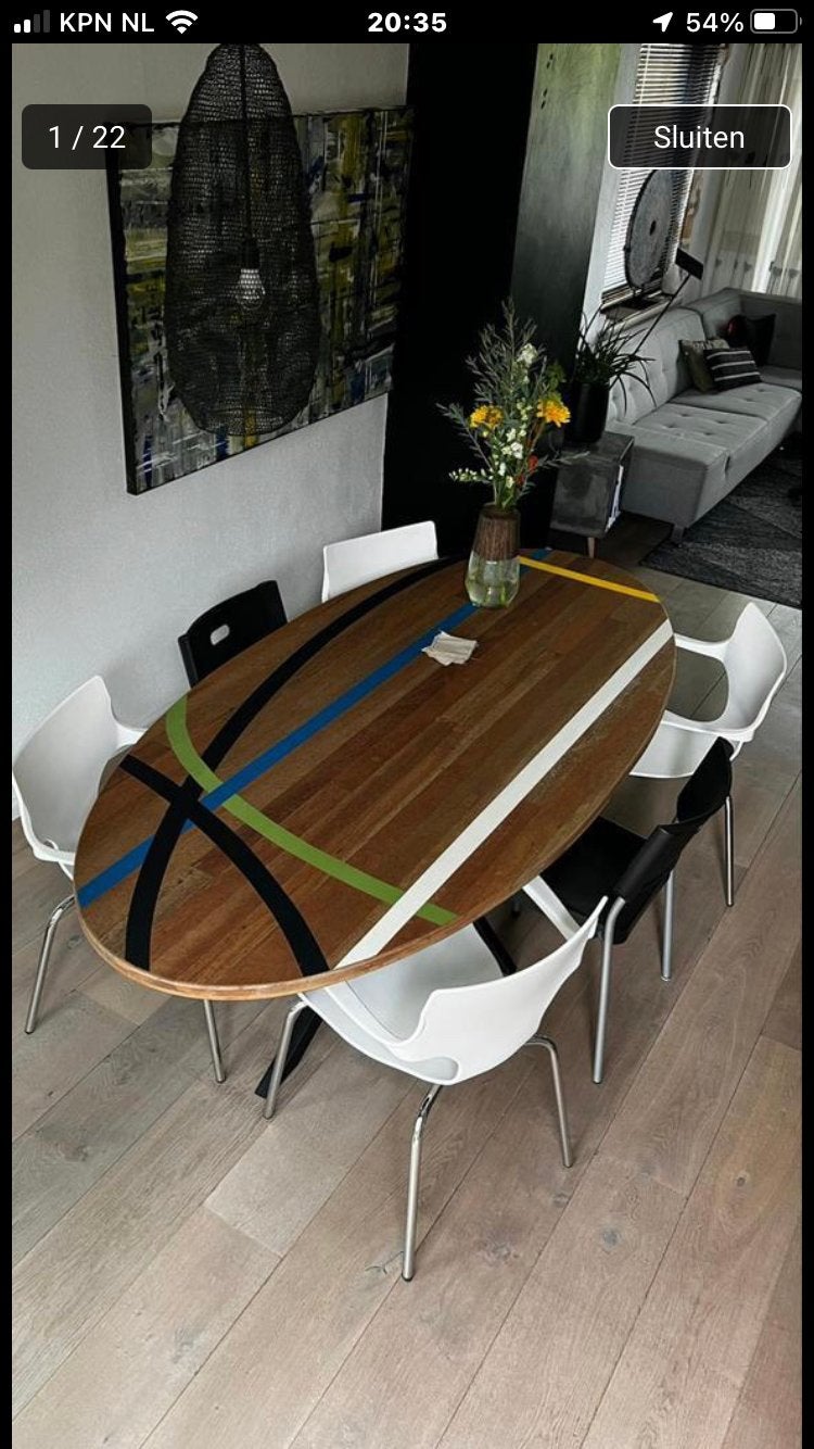 Tafelblad gemaakt van oude gymzaalvloer., Ophalen, Gebruikt, 100 tot 150 cm, 150 tot 200 cm
