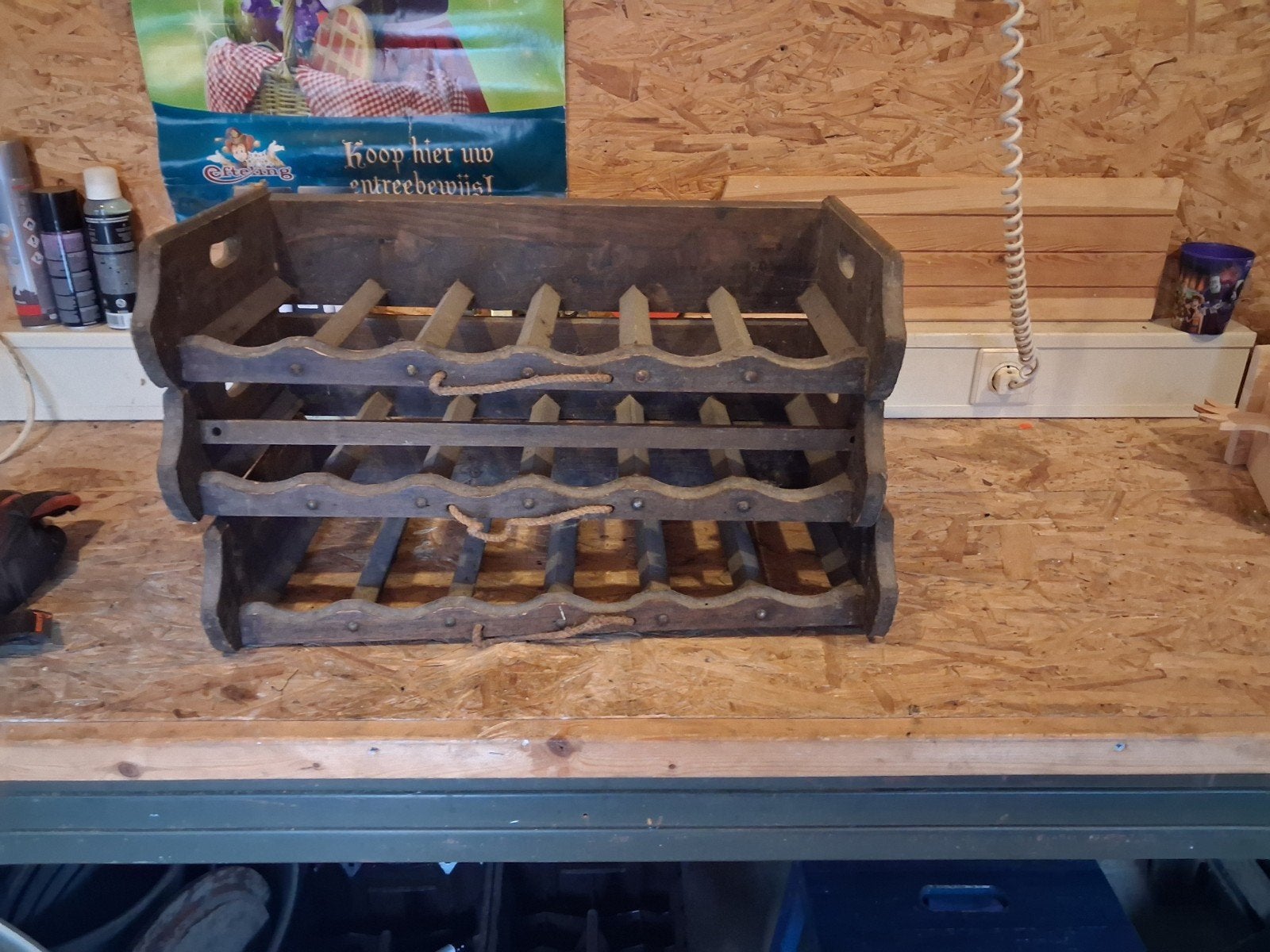 Vintage houten wijnrek - 3 lagen, Ophalen, Hout