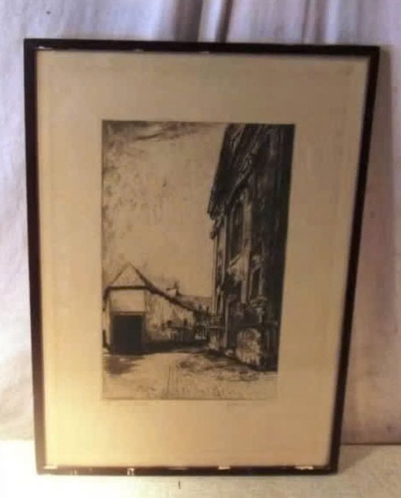 Mooie oude Gravure 'Straatje in de Stad - gesigneerd, Ophalen of Verzenden, Stadsgezicht, Gravure, Gesigneerd