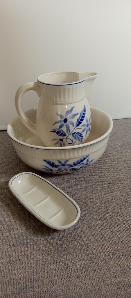 Vintage Wasstel met Kan en Zeepbakje - Blauw Bloemenpatroon, Antiek en Kunst, Ophalen