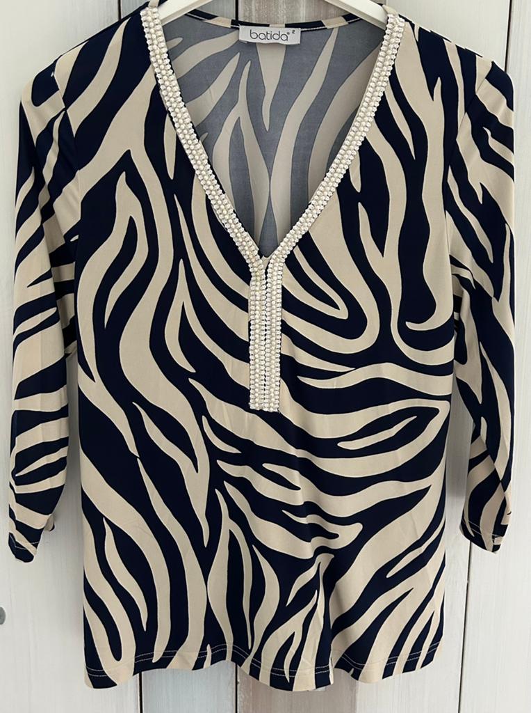 Batida shirt zebraprint, driekwart mouwen, v hals met kralen, Maat 38/40 (M), Overige kleuren, Ophalen of Verzenden, Zo goed als nieuw