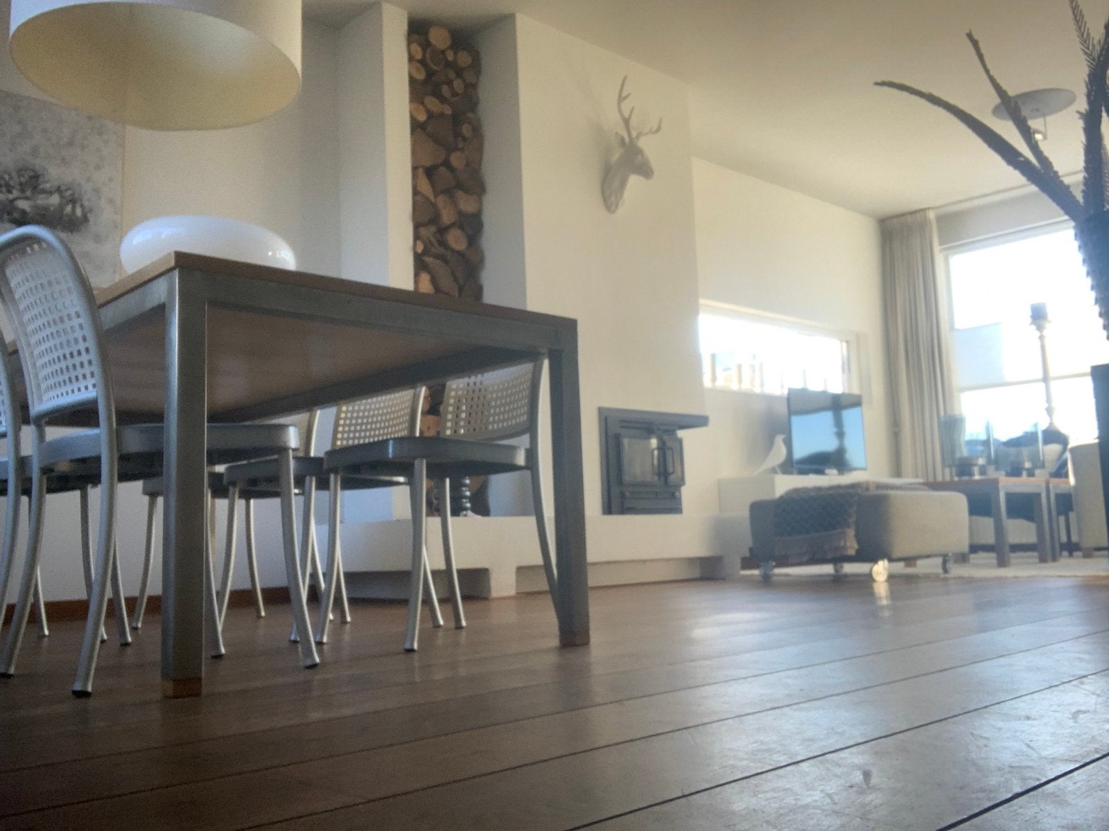 Eetkamertafel met berkenmultiplex blad en RVS onderstel, Ophalen, Gebruikt, Modern, tijdloos, 50 tot 100 cm