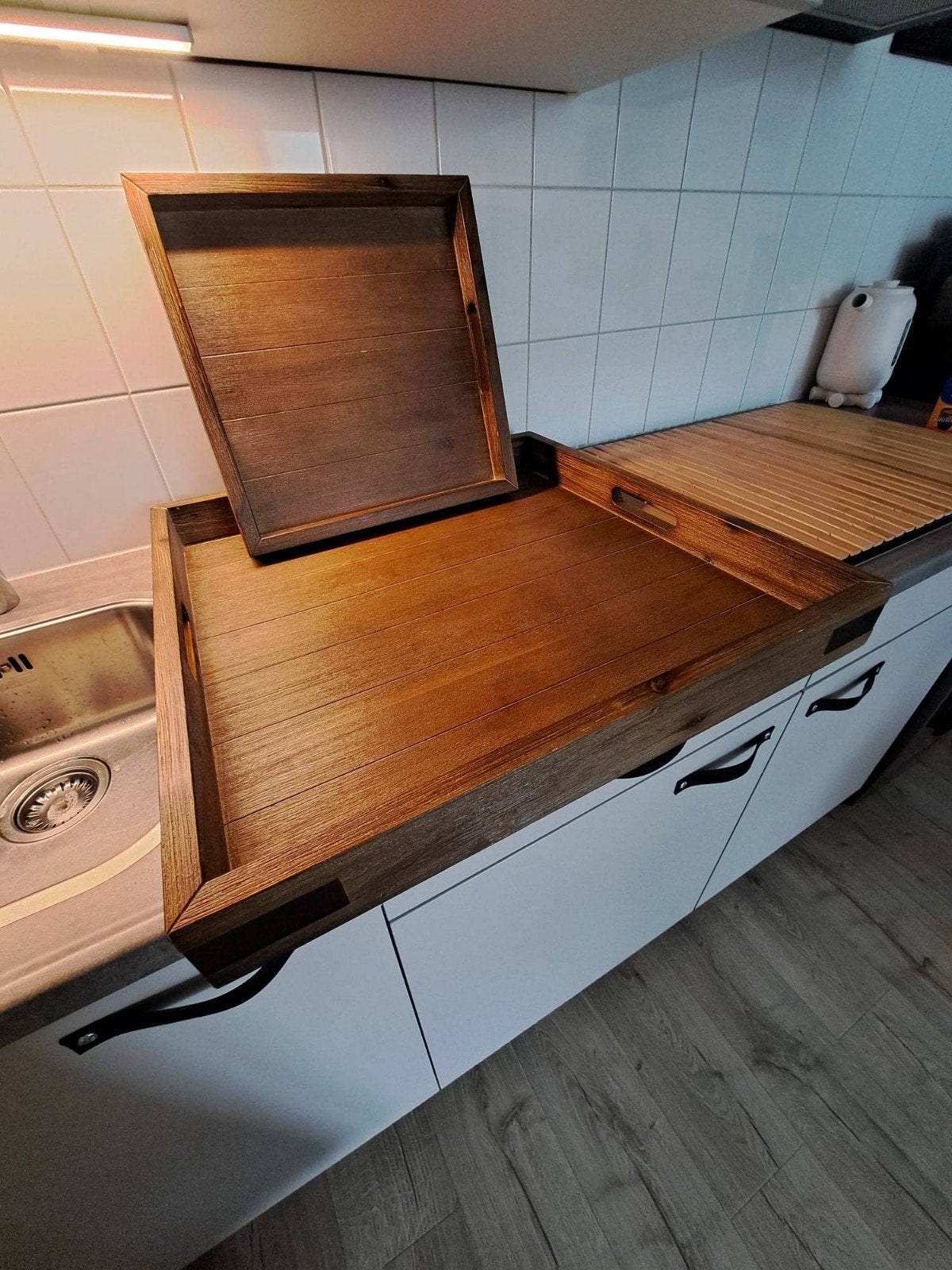 Massief Acaciahouten dienbladen twee stuks ., Ophalen, Rechthoekig, Hout