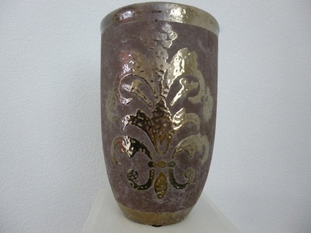 Twee design vazen van 30 cm. hoog met goud, roze en grijs, Ophalen, 30 cm, Zo goed als nieuw, Steen/keramiek