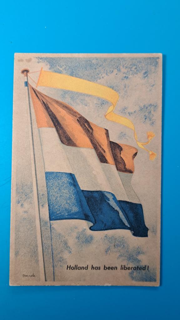 P. Smeele illustrator vlaggekaart Holland has been Liberated, Ophalen of Verzenden, 1940 tot 1960, Ongelopen