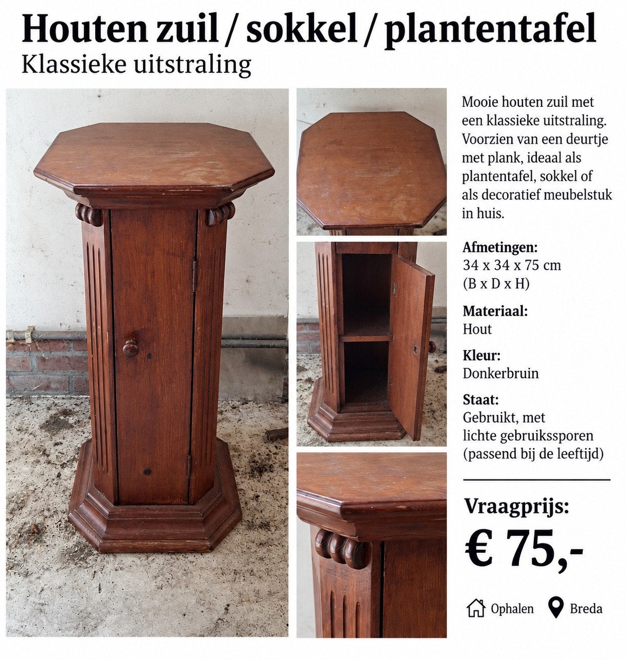 Houten zuil / plantentafel met klassieke uitstraling, Ophalen