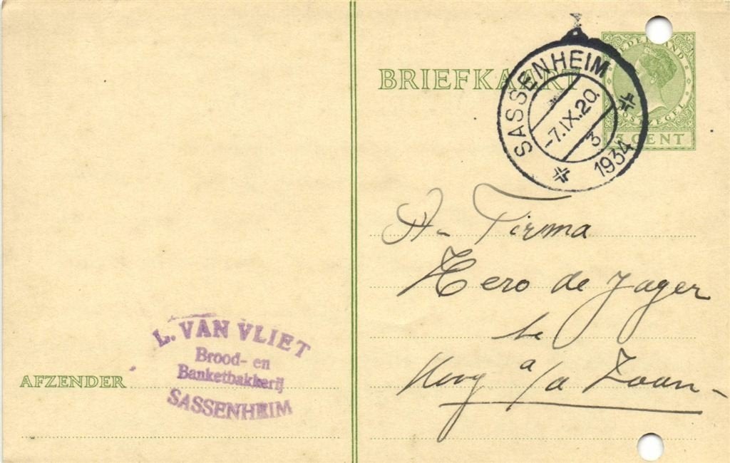 L. van Vliet, Sassenheim - 09.1934 - briefkaart, Postzegels en Munten, Ophalen of Verzenden, Briefkaart