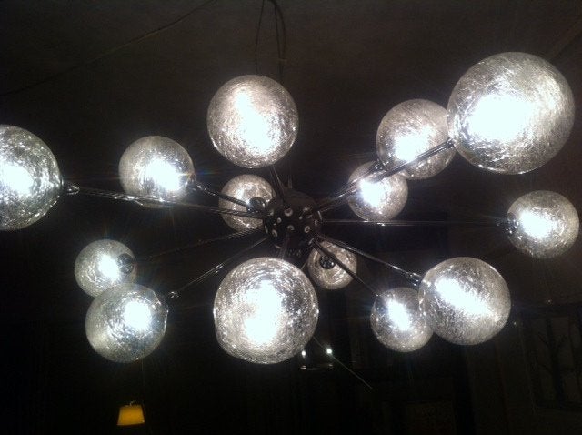Design plafondlamp met 14 glazen bollen, Ophalen, Zilver, 80 cm, Verstelbaar