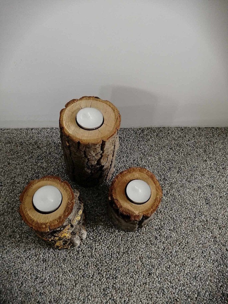 3 boomstam theelichthouders, Ophalen, Zo goed als nieuw, Hout, Kandelaar