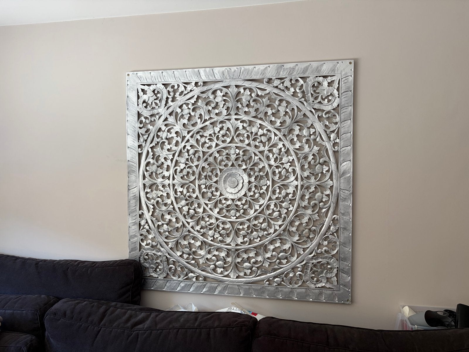 Prachtig handgesneden houten wandpaneel, zilverkleurig, Huis en Inrichting, Ophalen, Oosters, Zilver, Hout