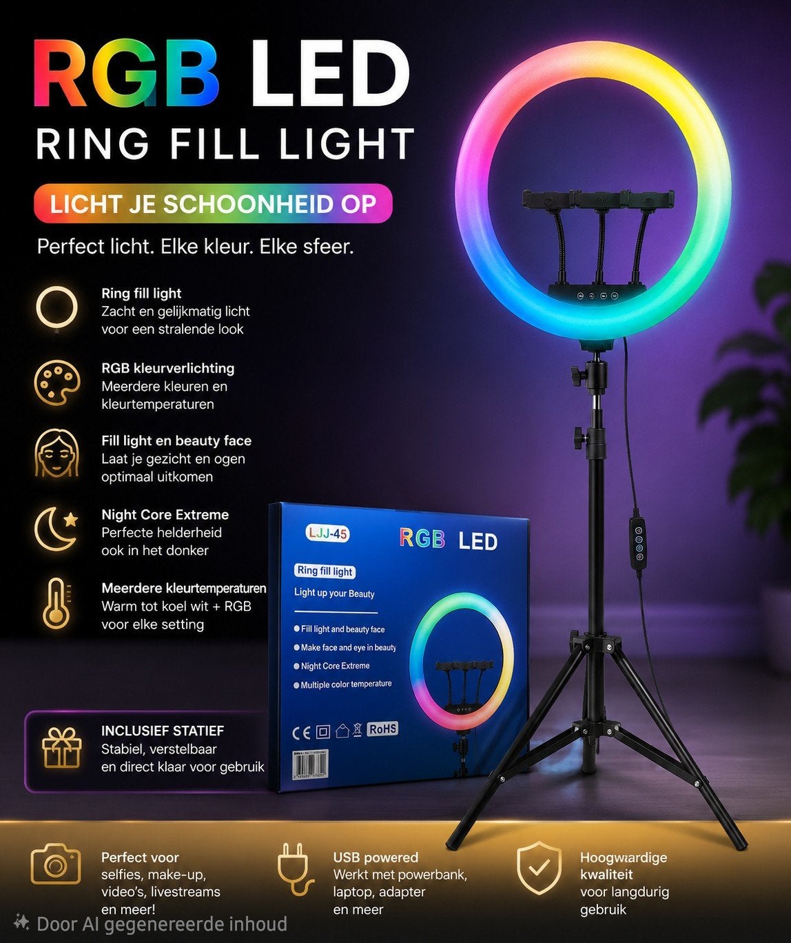 RGB LED Ring Fill Light met Statief - Perfect voor Content, Audio, Tv en Foto, Fotografie | Fotostudio en Toebehoren, Nieuw, Dimbaar