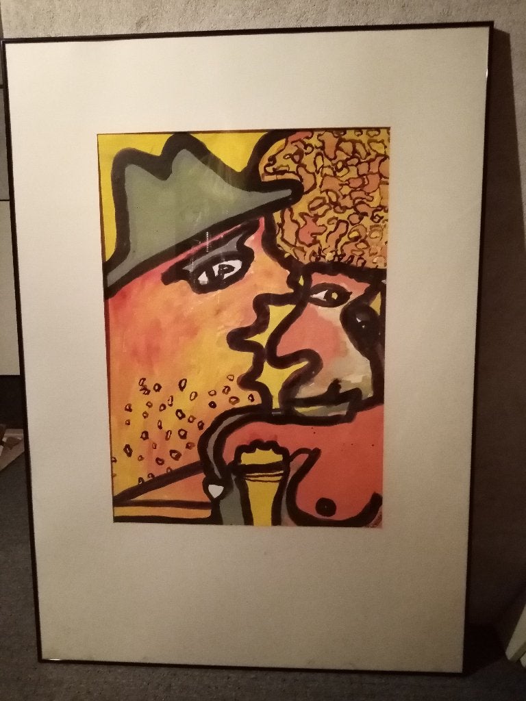 Te koop schilderij P. Lammers, zwarte  lijst+ passe-partout, Ophalen, Origineel werk