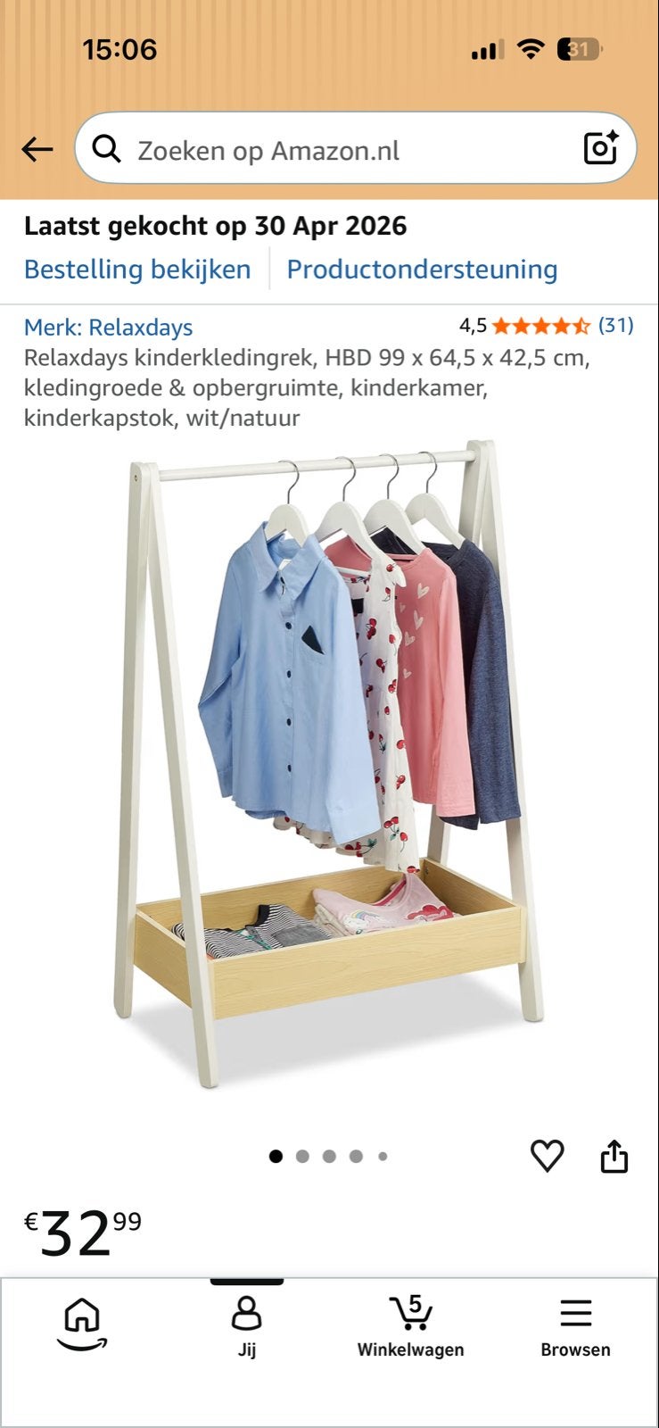 Relaxdays Kinderkledingrek - Wit/Natuur, Ophalen, Nieuw, Overige typen