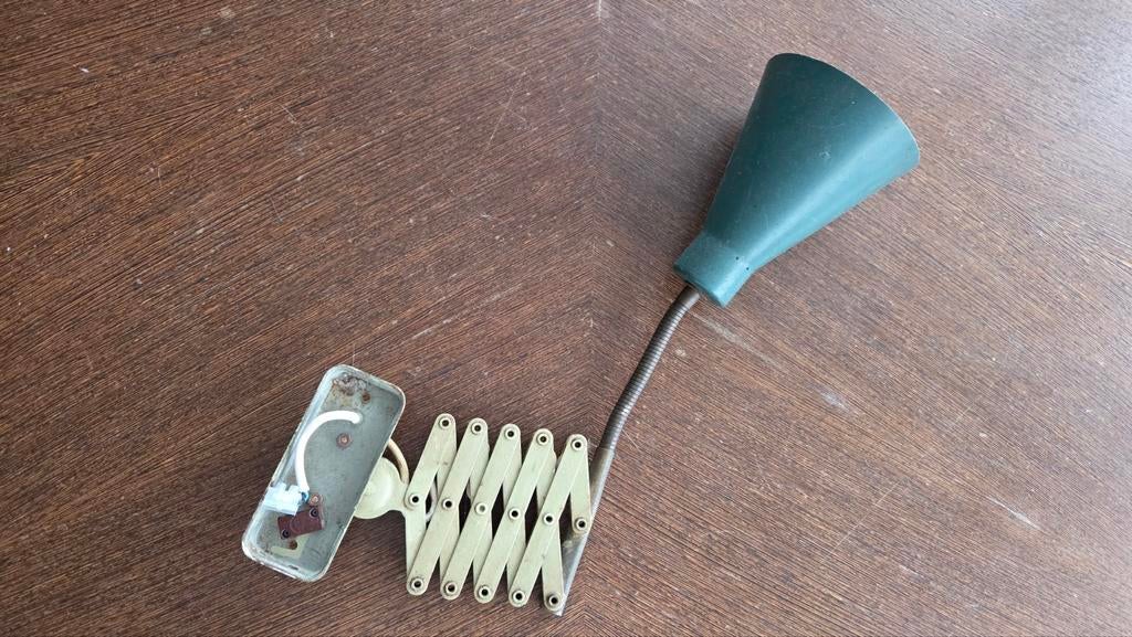 Vintage schaarlamp met groene kap, Ophalen, Gebruikt, Vintage, Retro, Industrieel