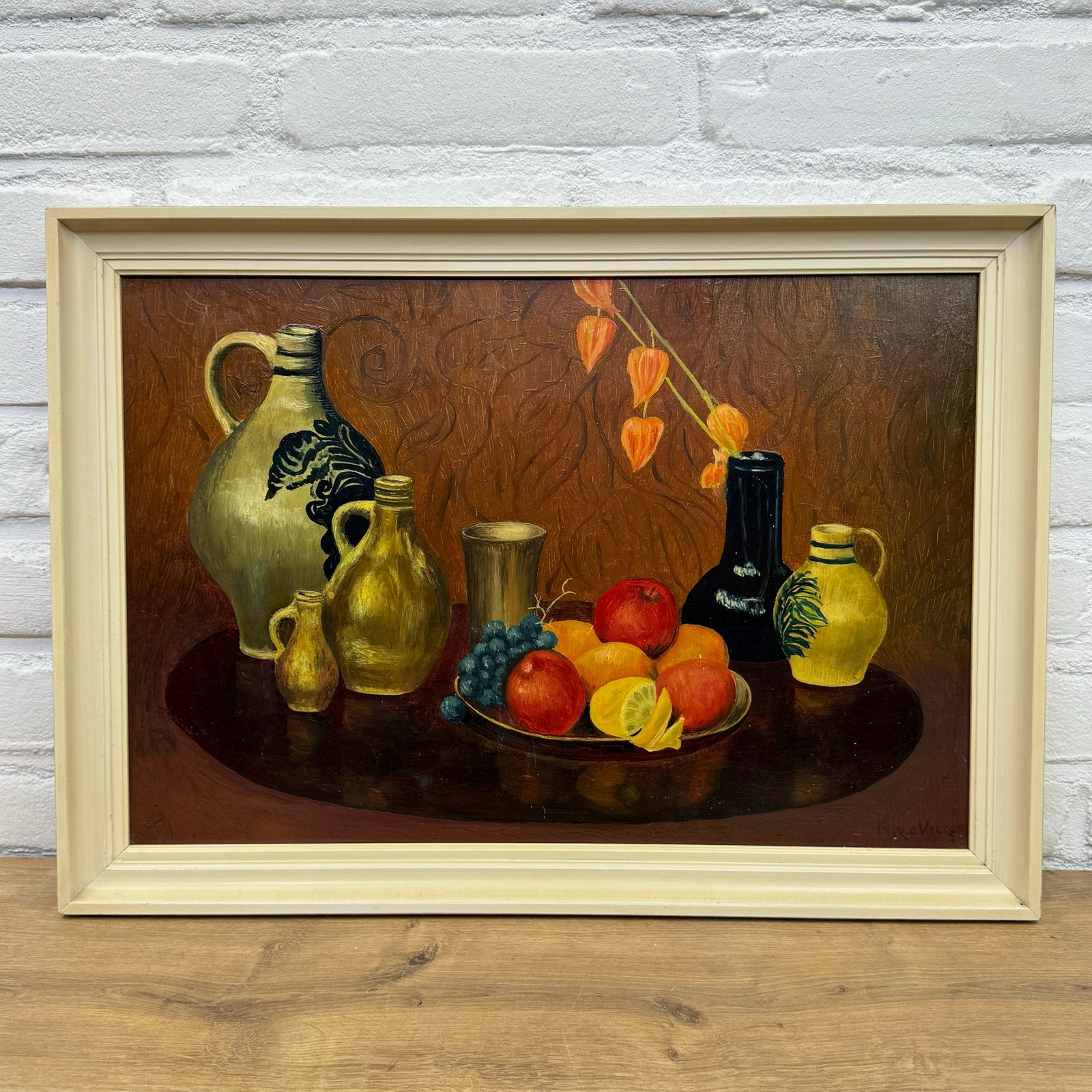 Klassiek stilleven met fruit en kruiken, gesigneerd, Paneel, Stilleven, Ophalen of Verzenden, Gesigneerd