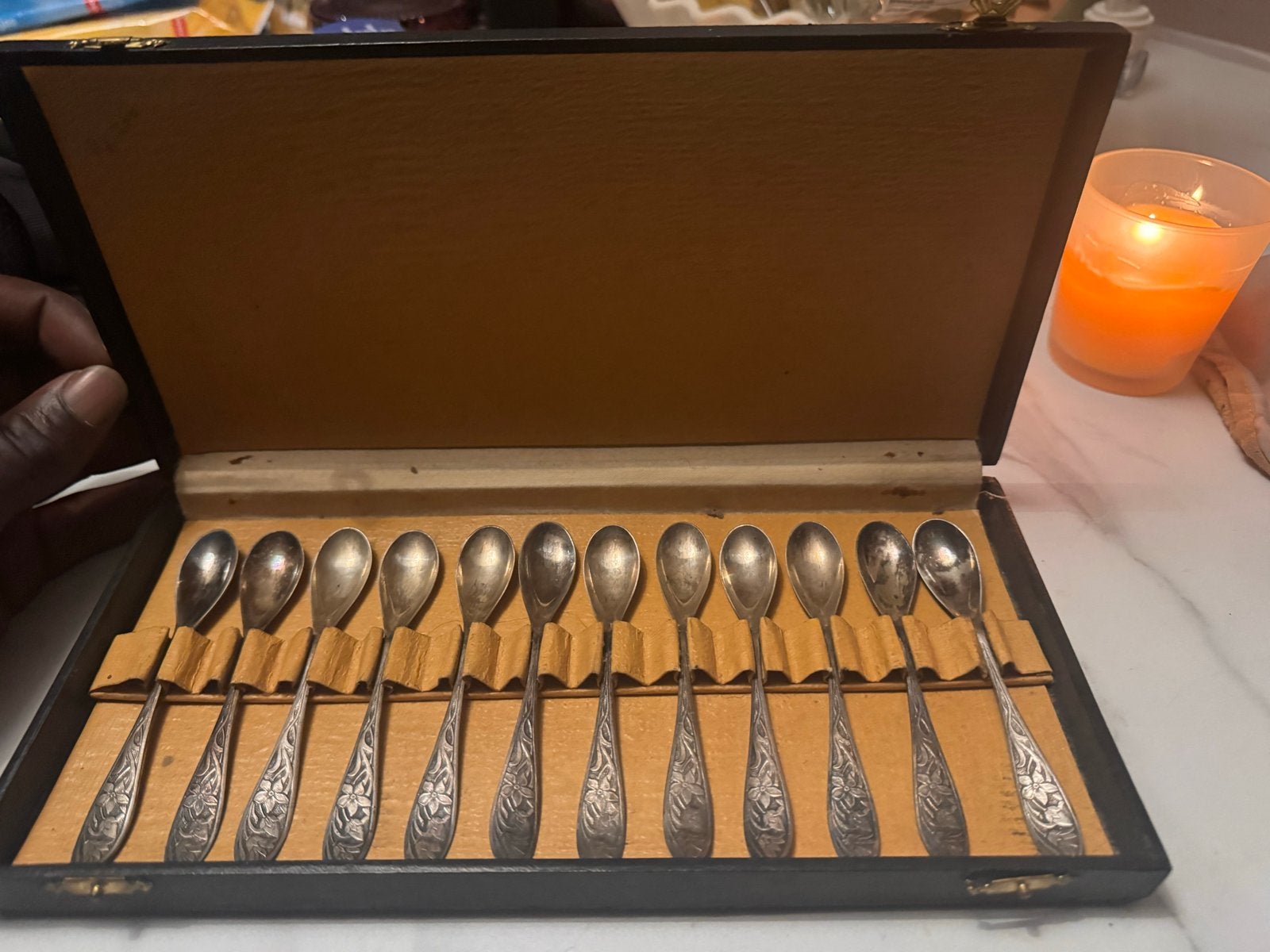 Antieke zilveren theelepels set met theezeef in doos, Ophalen of Verzenden