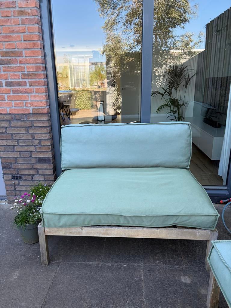 Tuinset met groene kussens en hoes, Tuin en Terras, Tuinsets en Loungesets, Gebruikt, Stoel, Tuinset, Hout