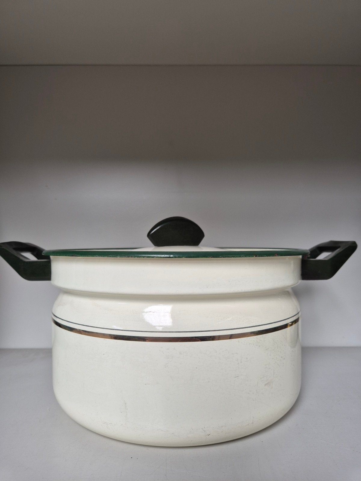 Vintage Geëmailleerde Soeppan met Deksel - Wit/Groen 24 cm, Antiek en Kunst, Ophalen of Verzenden