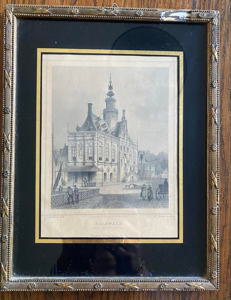 Prenten van Bolsward, Antiek en Kunst, Ingelijst, 1800 - 1899, Stadsgezicht, Ophalen of Verzenden