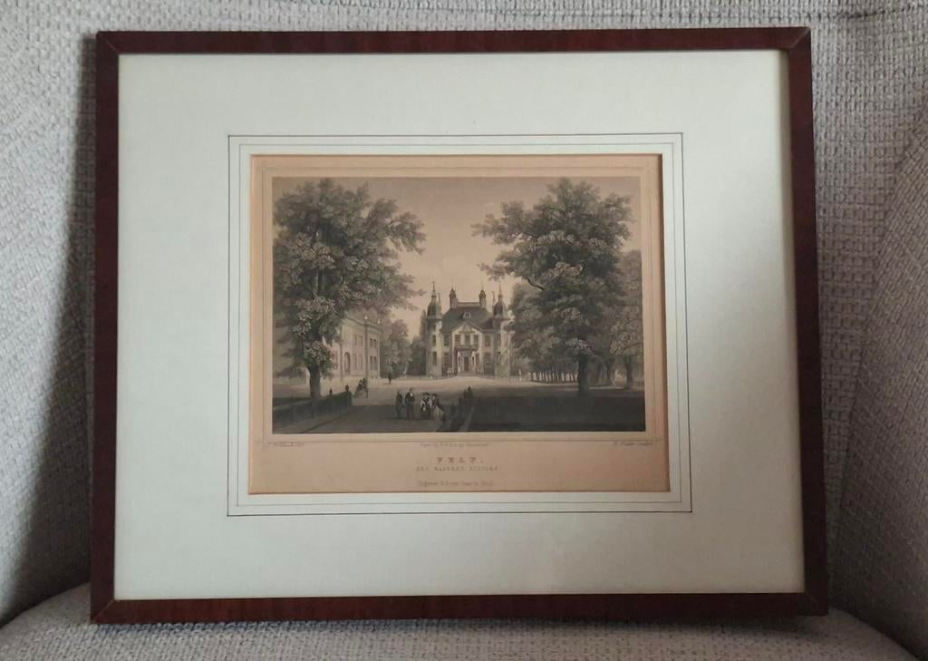 Twee Gravures: Rozendaal, Velp en Kasteel Biljoen, Antiek en Kunst, Kunst | Etsen en Gravures, Gravure, Met passe-partout, Landschap