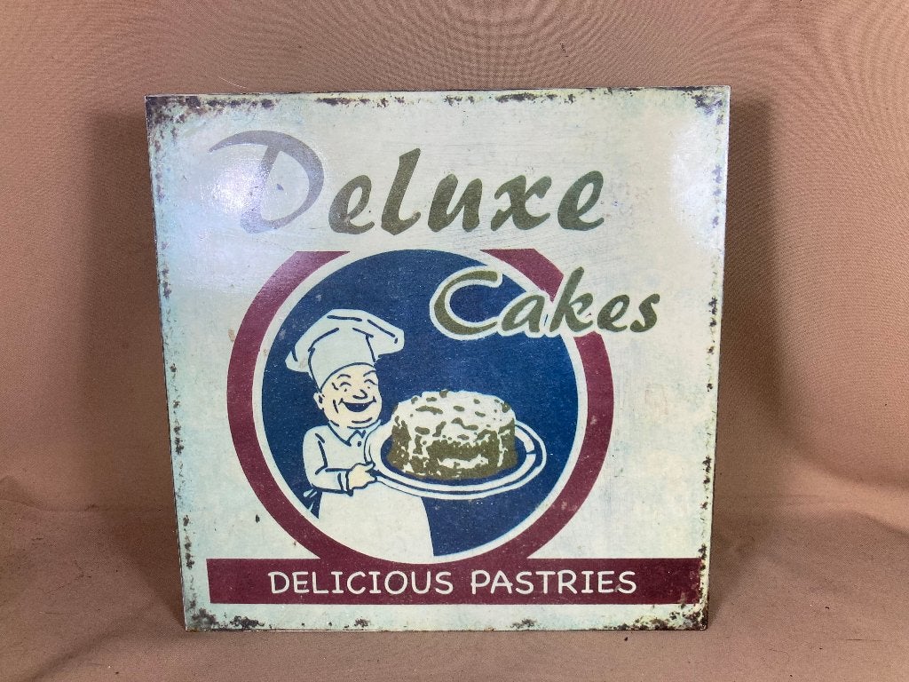 Metalen reclamebord Deluxe Cakes Delicious Pastries, Ophalen of Verzenden