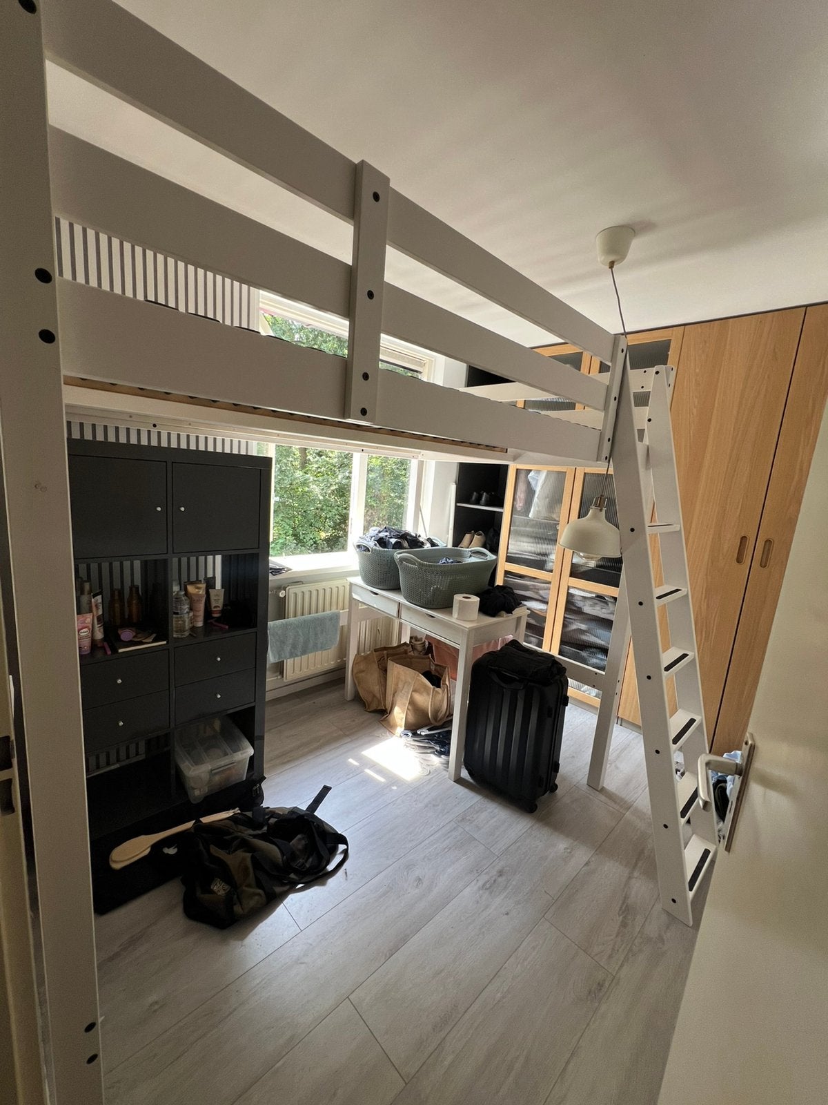 Witte grenenhouten hoogslaper - Ikea Stora, Ophalen, Hoogslaper, 140 cm, Zo goed als nieuw