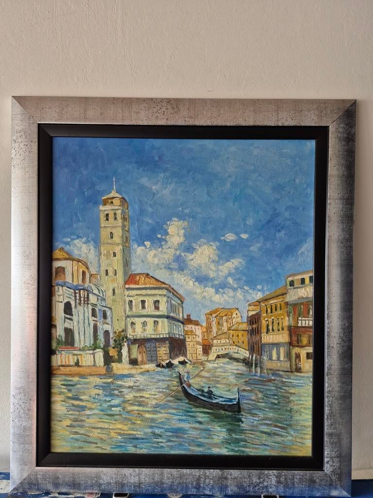 Olieverfschilderij Venetië met gondel en gebouwen, Antiek en Kunst, Ophalen