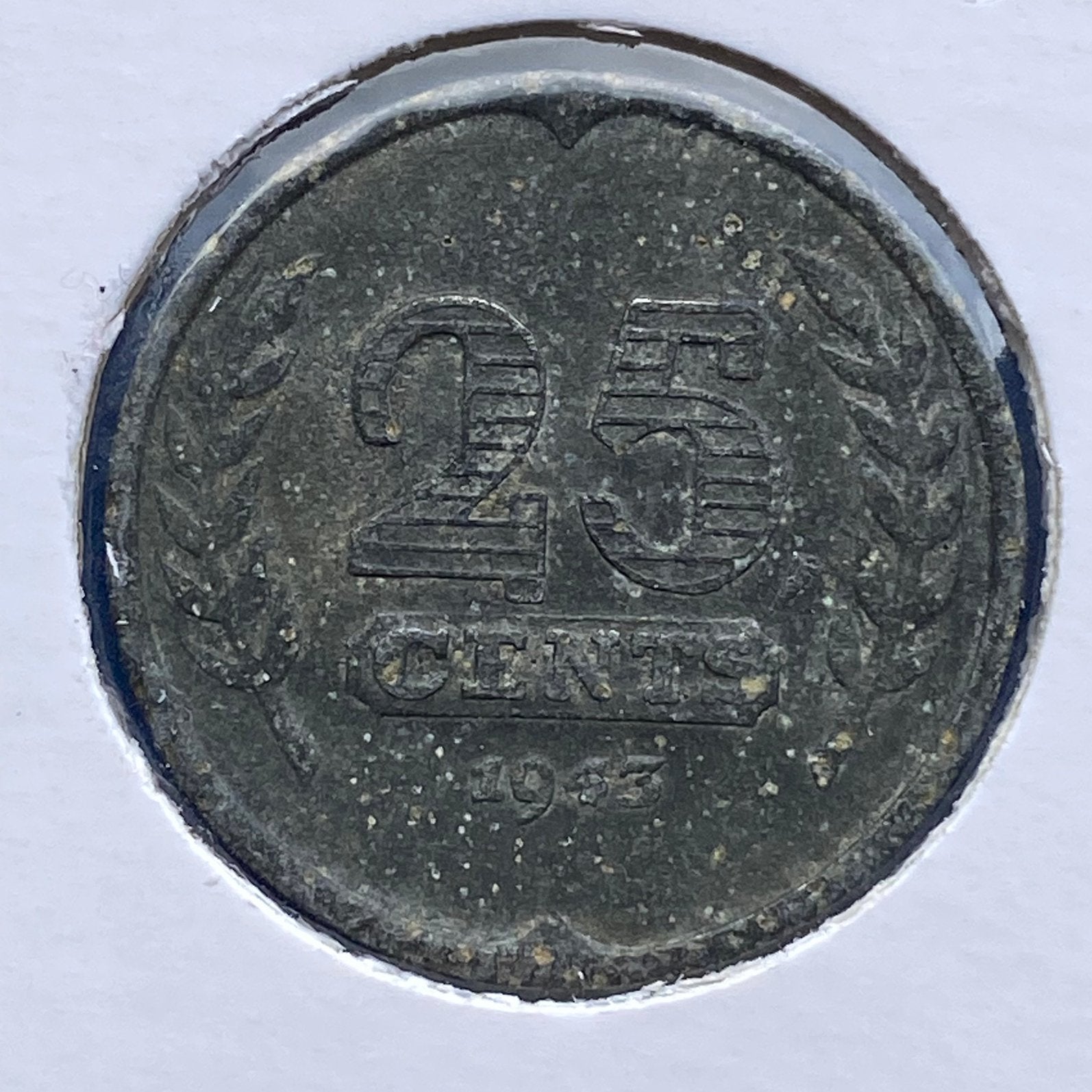 25 Cent zink / Zinken kwartje uit 1943 van Wilhelmina, Verzenden, Koningin Wilhelmina, 25 cent, Losse munt