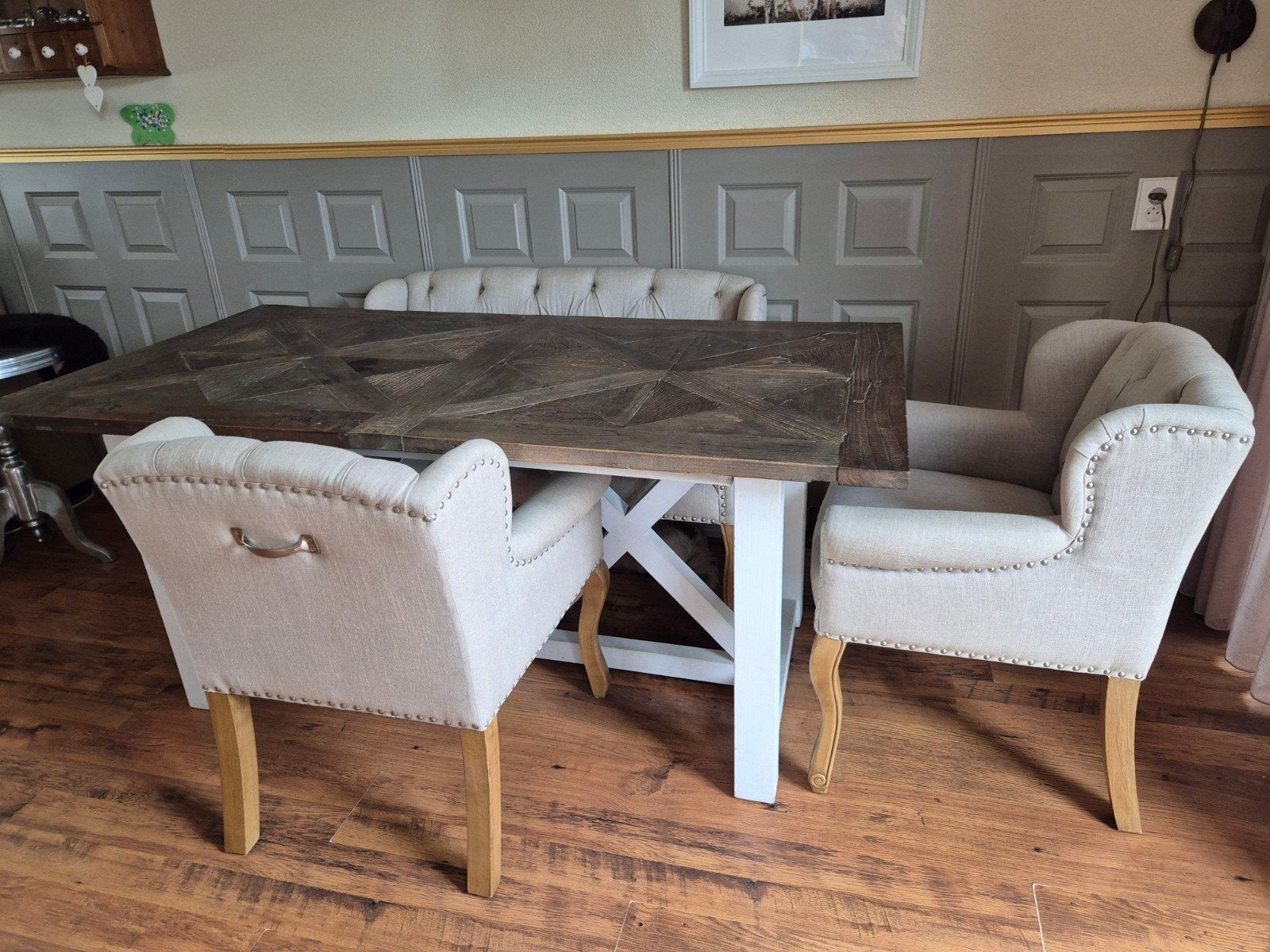 Riviera maison eettafel, Bankje en 2 stoelen, Ophalen of Verzenden, Gebruikt