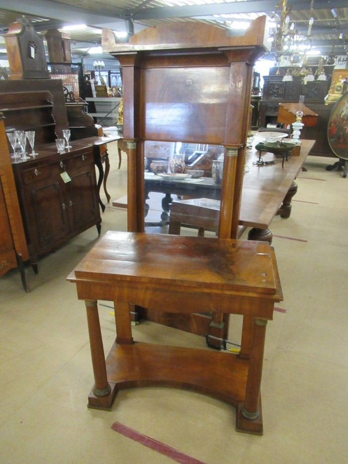 Oer 10794 antieke mahoniehouten Empire spiegel met console, Ophalen, Overige vormen, 200 cm of meer