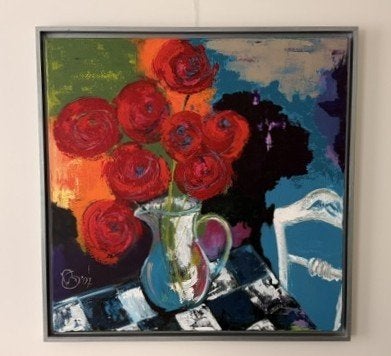 Schilderij de stoel, Antiek en Kunst, Kunst | Schilderijen | Klassiek, Bloemen, Acrylverf, Overige stijlen, Doek