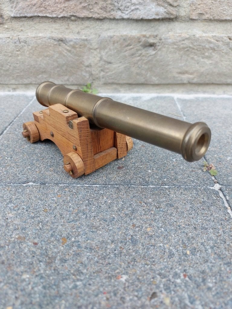 Messing Miniatuur Kanon op Houten Affuit, Ophalen of Verzenden, Marine, Overige gebieden, Overige typen